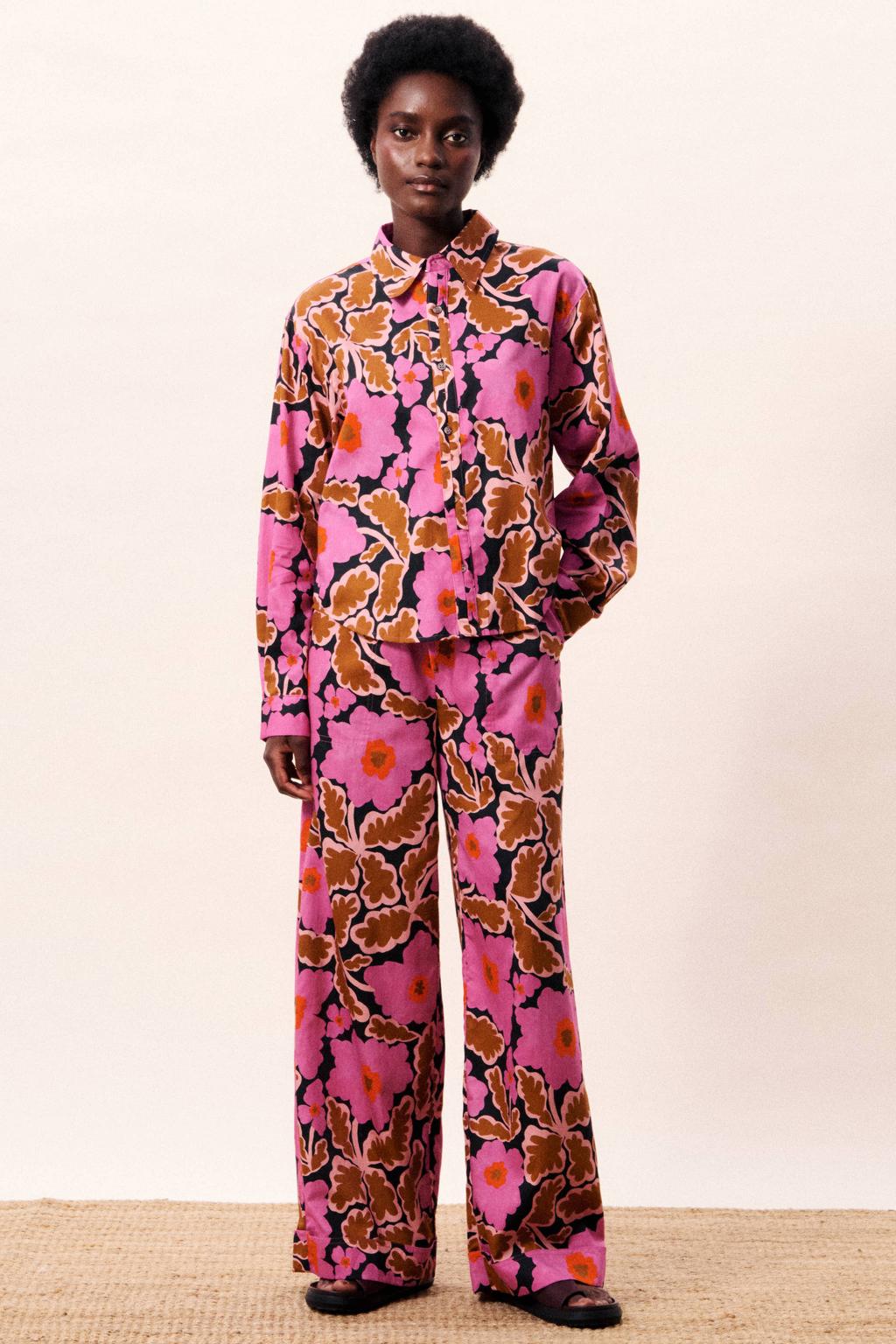 Roze dames FRNCH wide leg high waist gebloemde broek van katoen met elastische tailleband met koord