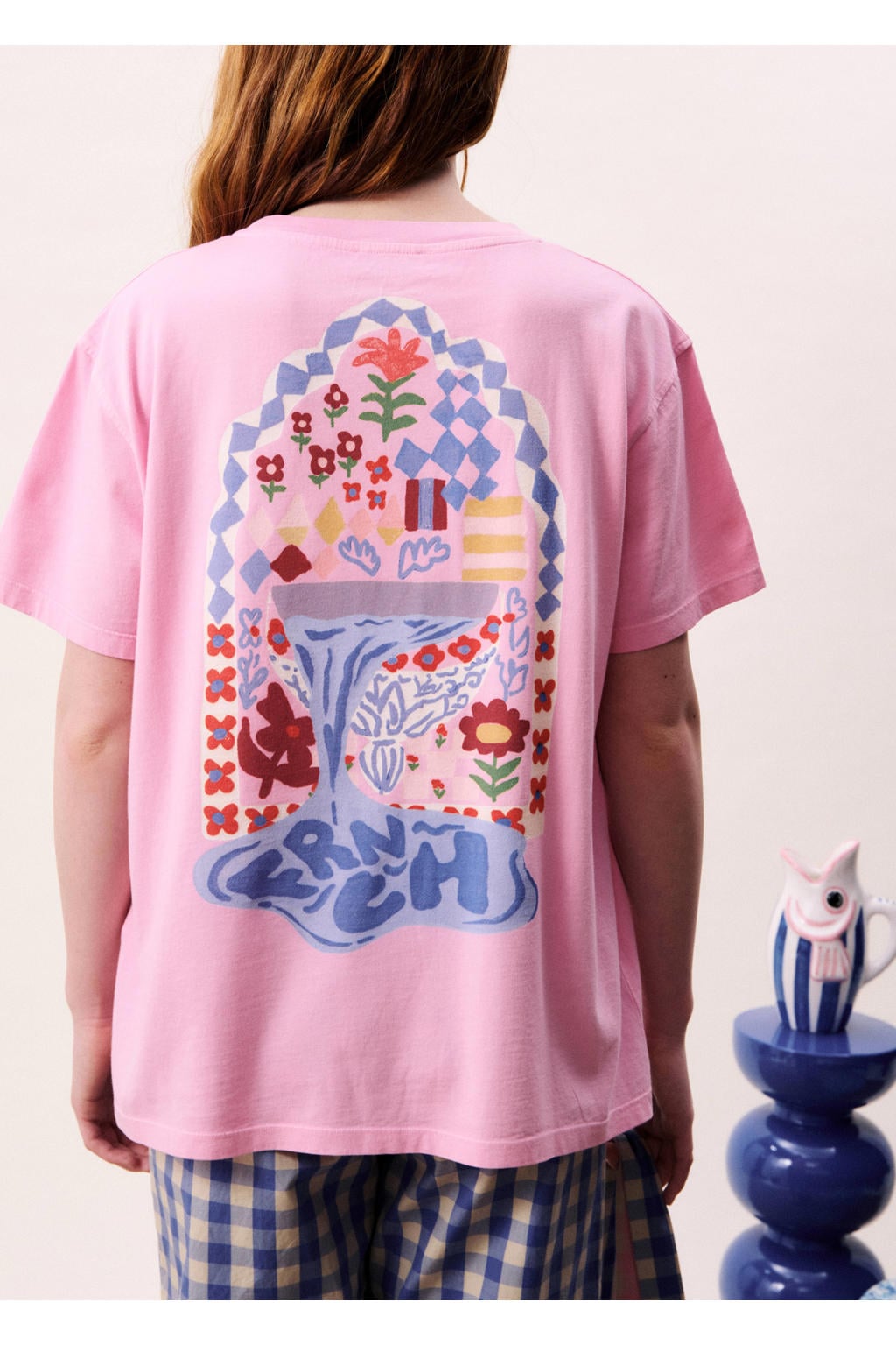Roze dames FRNCH T-shirt van katoen met backprint, korte mouwen en ronde hals
