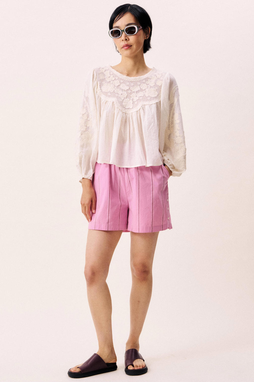 Roze dames FRNCH high waist van katoen met loose fit, elastische tailleband en strepenprint