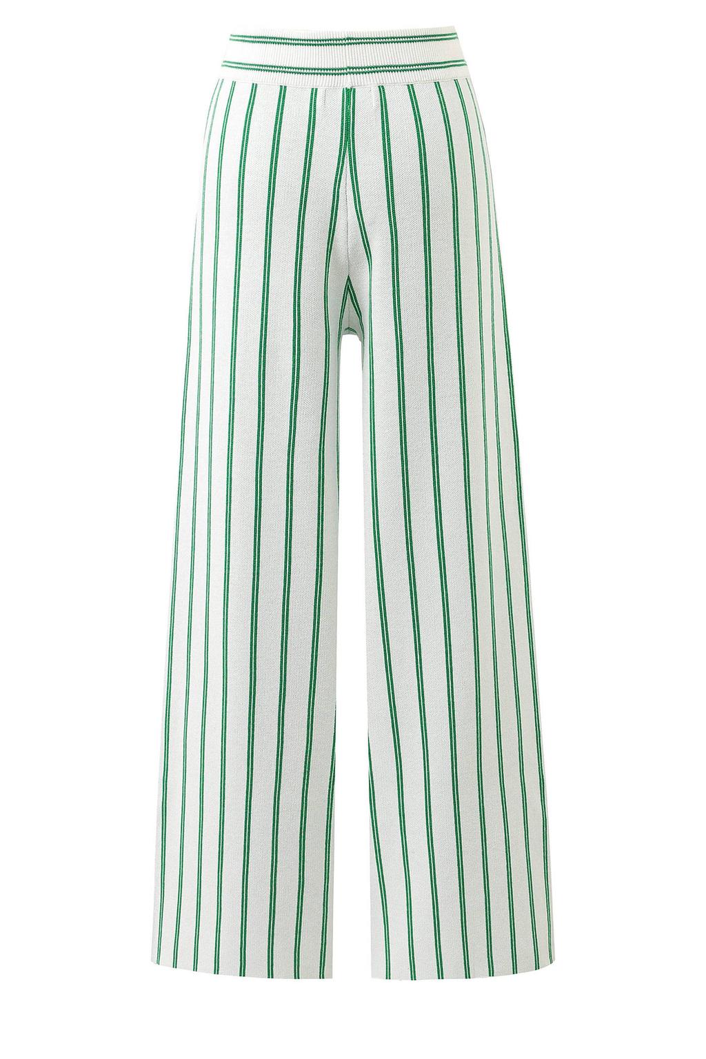 Ecru en groene dames FRNCH high waist broek van polyester met wijde pijpen, elastische tailleband en strepenprint