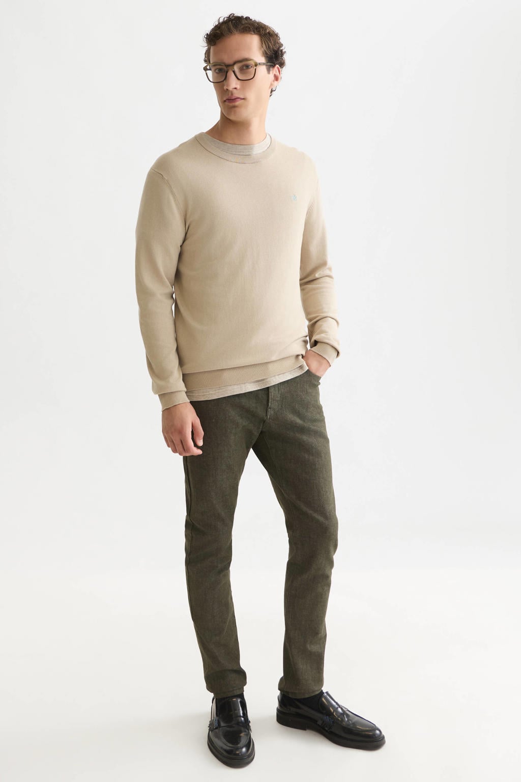 Beige heren Scotch & Soda regular fit trui van viscose met effen, lange mouwen en ronde hals