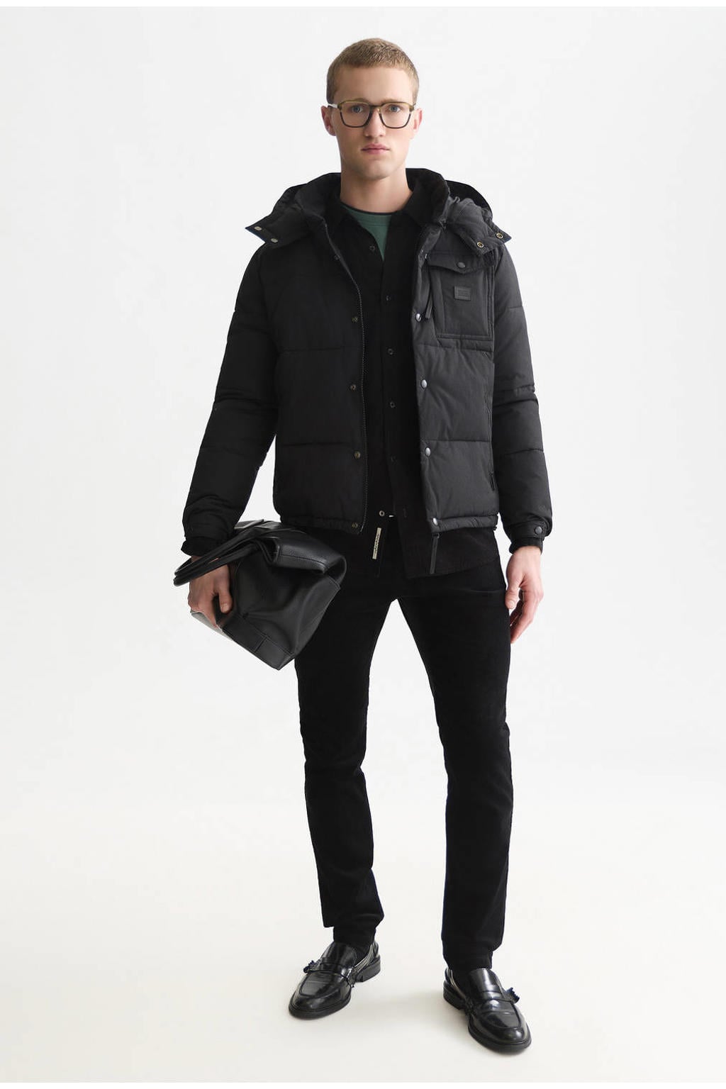 Zwarte heren Scotch & Soda gewatteerde winterjas van nylon met effen, lange mouwen, capuchon, rits- en drukknoopsluiting en doorgestikte details