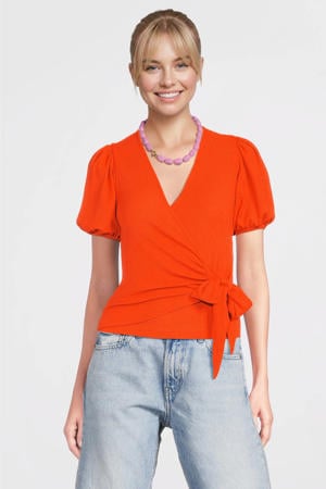 crinkle overslagtop met pofmouwen oranje