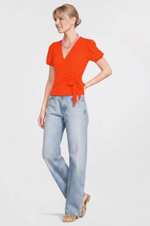 crinkle overslagtop met pofmouwen oranje