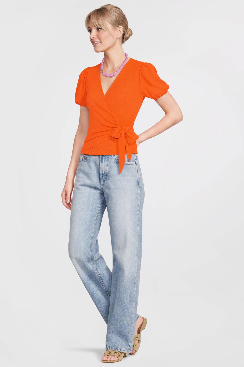 Oranje dames Anytime crinkle overslagtop van polyester met effen en korte mouwen