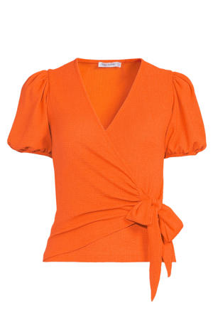 crinkle overslagtop met pofmouwen oranje