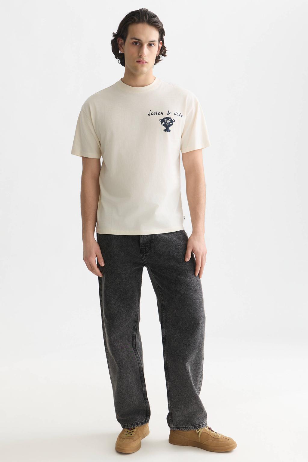 Ecru heren Scotch & Soda relaxed fit T-shirt van katoen met korte mouwen en ronde hals