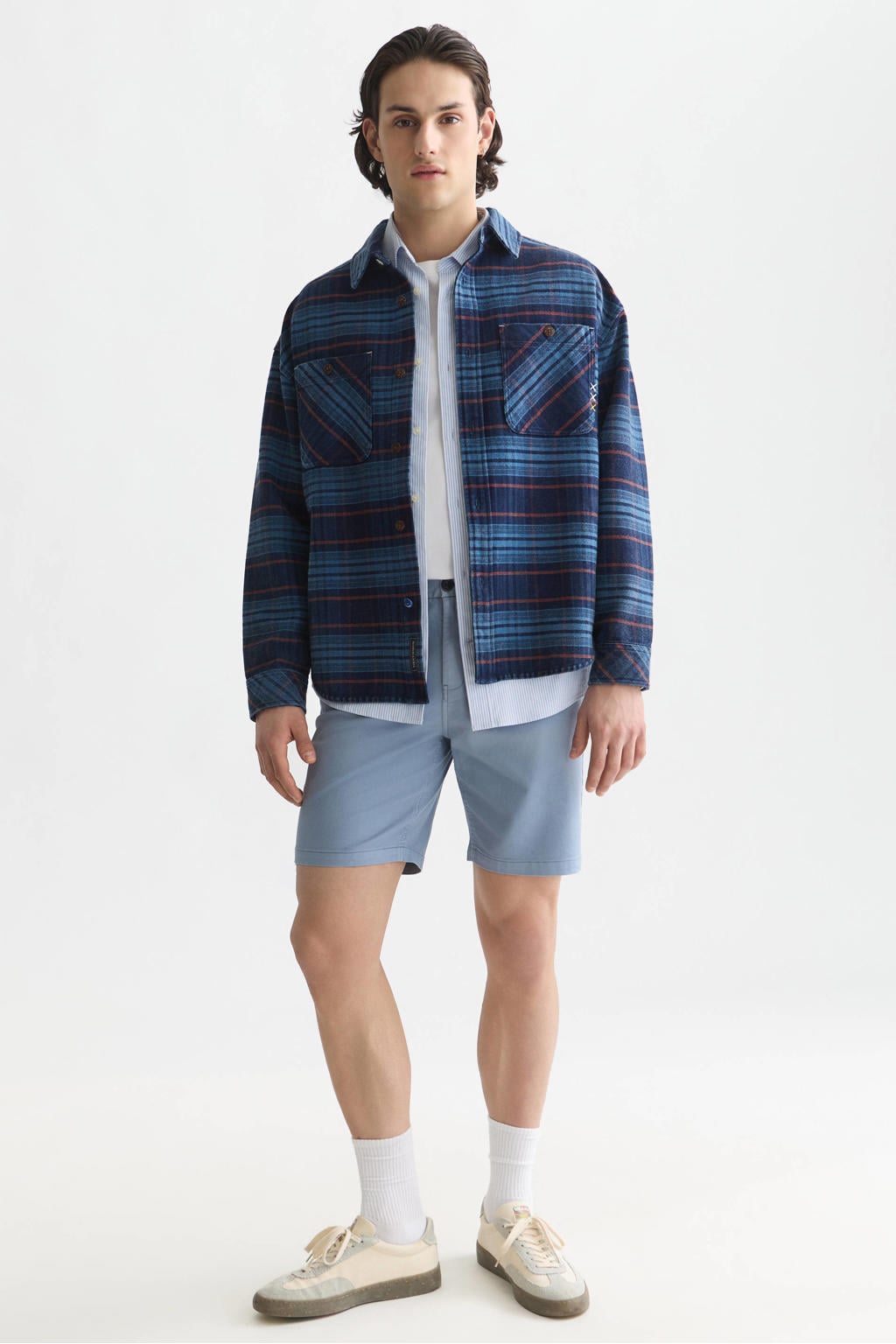 Blauwe heren Scotch & Soda loose fit geruit overshirt van denim met lange mouwen en klassieke kraag