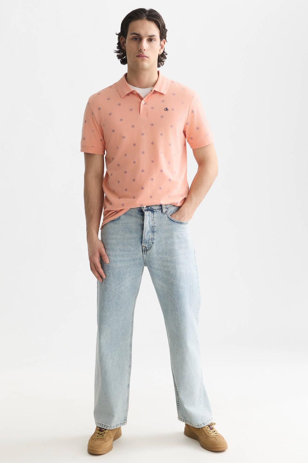 Zalmkleurige heren Scotch & Soda regular fit piqué polo van katoen met korte mouwen