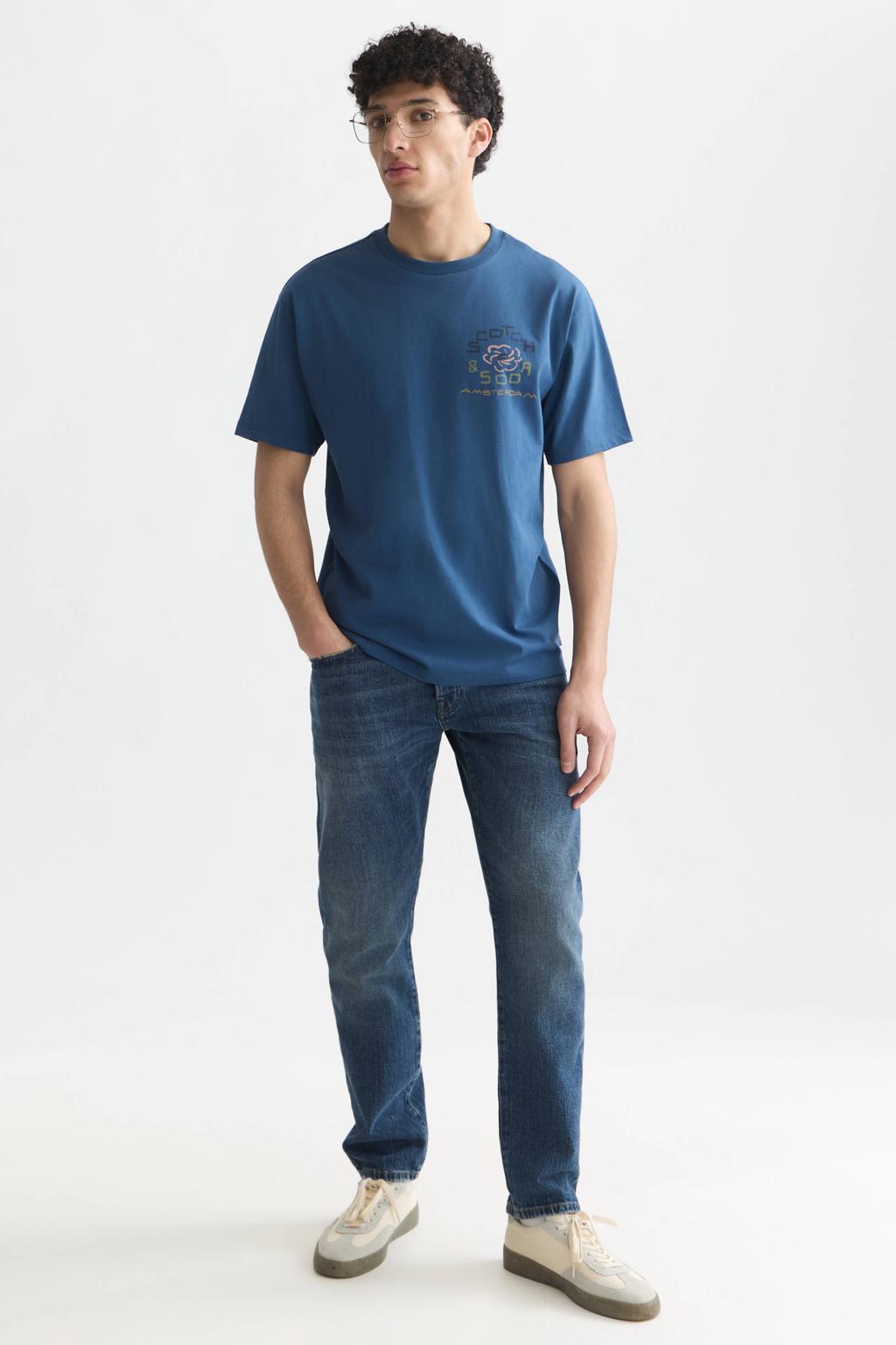 Blauwe heren Scotch & Soda relaxed fit T-shirt van katoen met korte mouwen en ronde hals