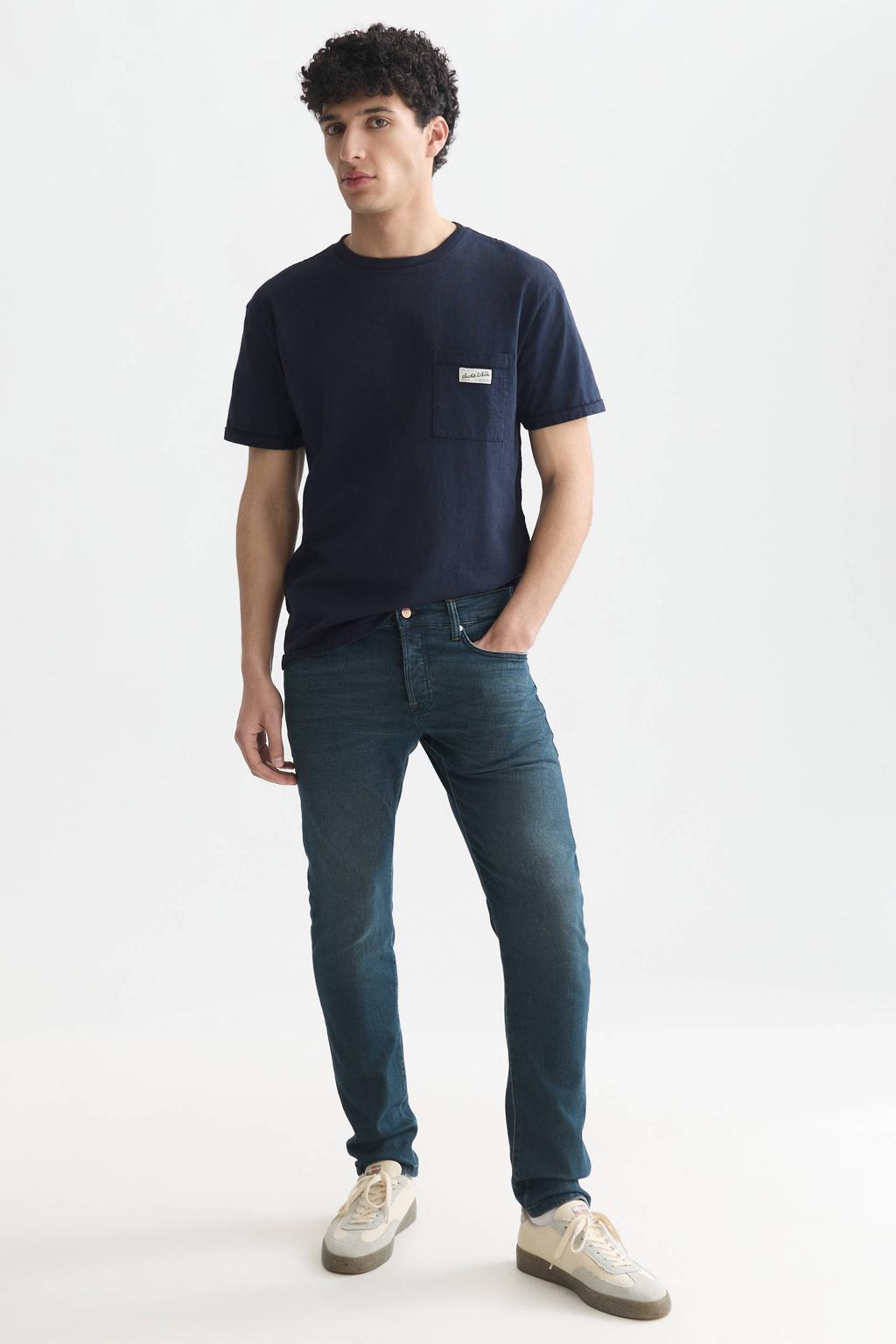 Donkerblauwe heren Scotch & Soda regular fit T-shirt van katoen met effen, korte mouwen en ronde hals