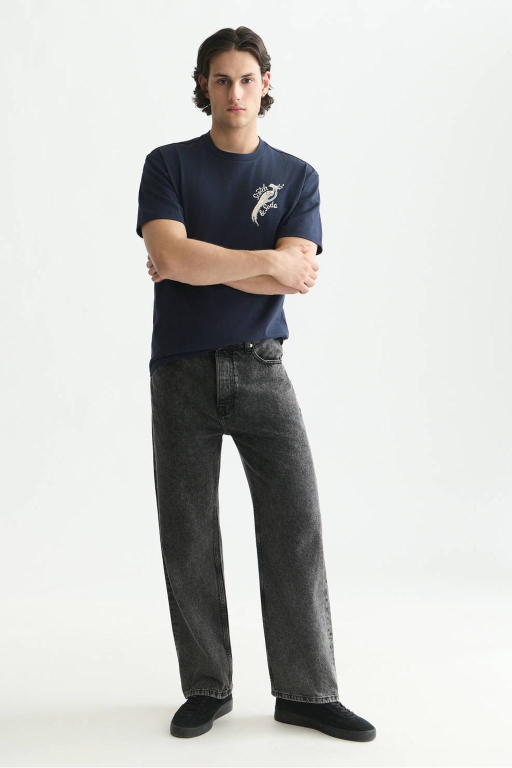Donkerblauwe heren Scotch & Soda relaxed fit T-shirt van katoen met korte mouwen en ronde hals