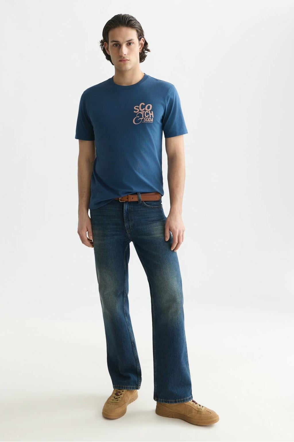 Blauwe heren Scotch & Soda regular fit T-shirt van katoen met korte mouwen en ronde hals