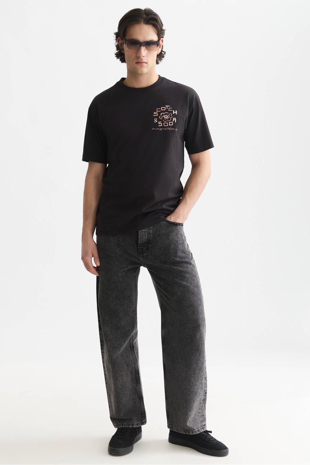 Zwarte heren Scotch & Soda relaxed fit T-shirt van katoen met korte mouwen en ronde hals