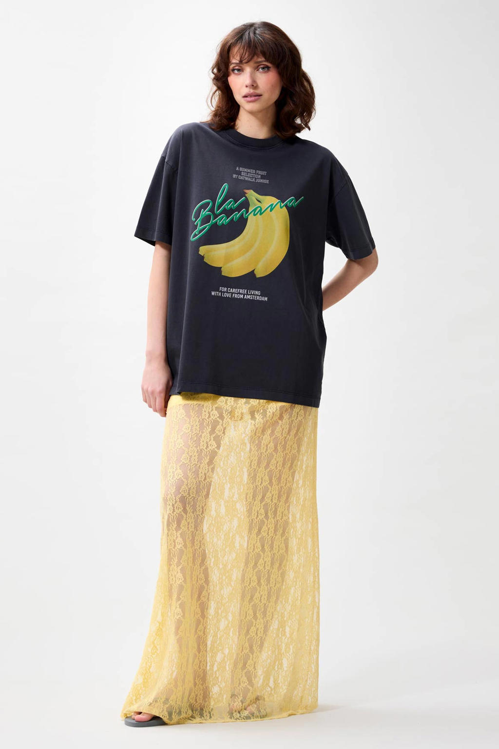 Antraciet en gele dames Catwalk Junkie T-shirt van katoen met printopdruk, korte mouwen en ronde hals