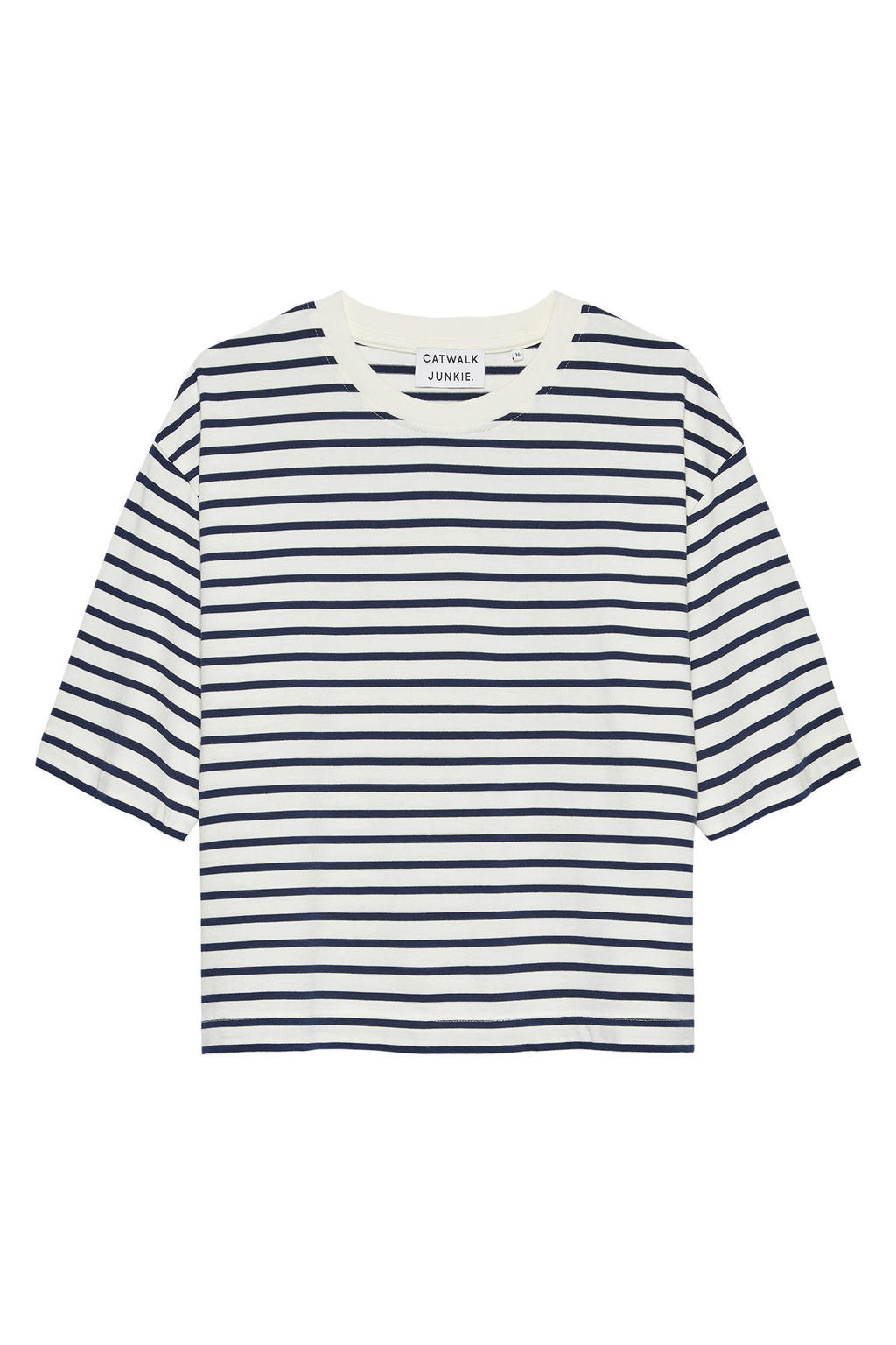 Ecru en marineblauwe dames Catwalk Junkie gestreept T-shirt van katoen met korte mouwen en ronde hals