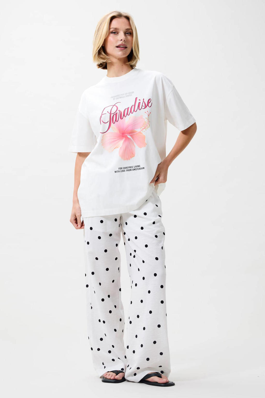 Ecru en roze dames Catwalk Junkie T-shirt van katoen met printopdruk, korte mouwen en ronde hals
