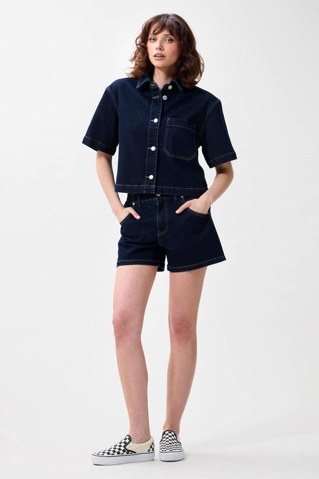 Dark blue denim dames Catwalk Junkie straight high waist short dark blue van denim met rits- en knoopsluiting en effen