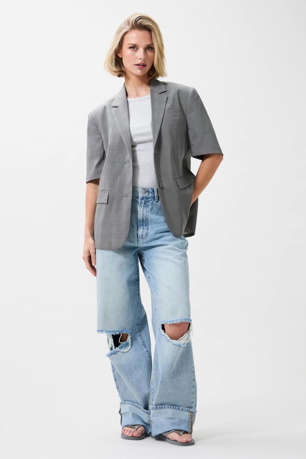 Zwart en grijze dames Catwalk Junkie geruit oversized blazer van polyester met korte mouwen, reverskraag en knoopsluiting