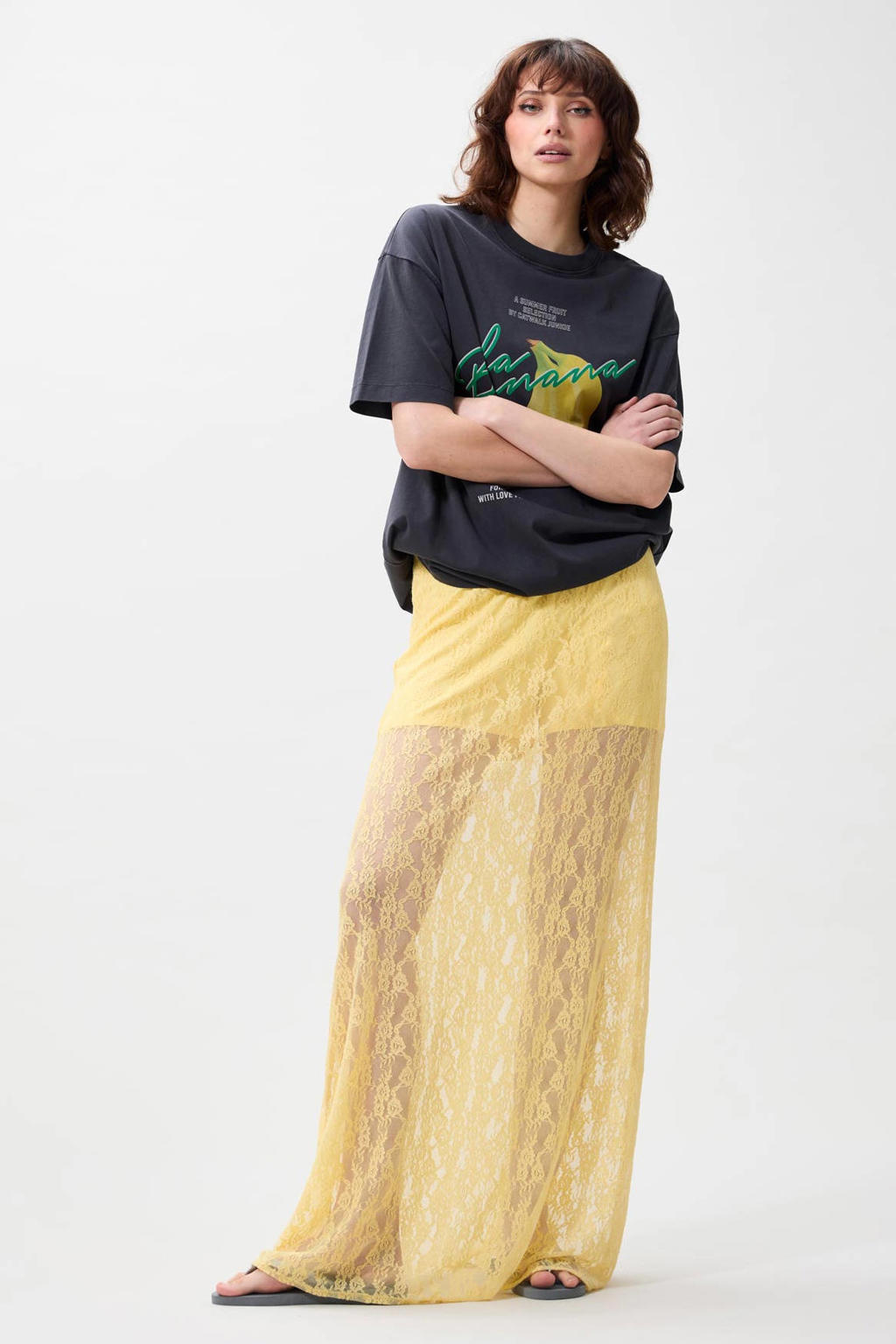 Lichtgele dames Catwalk Junkie kanten maxi rok voorzien van elastische tailleband