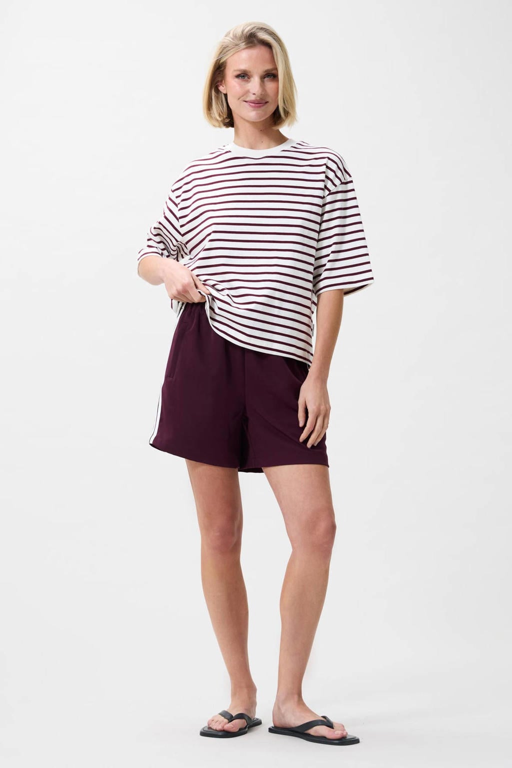 Ecru en donkerrode dames Catwalk Junkie gestreept T-shirt van katoen met korte mouwen en ronde hals
