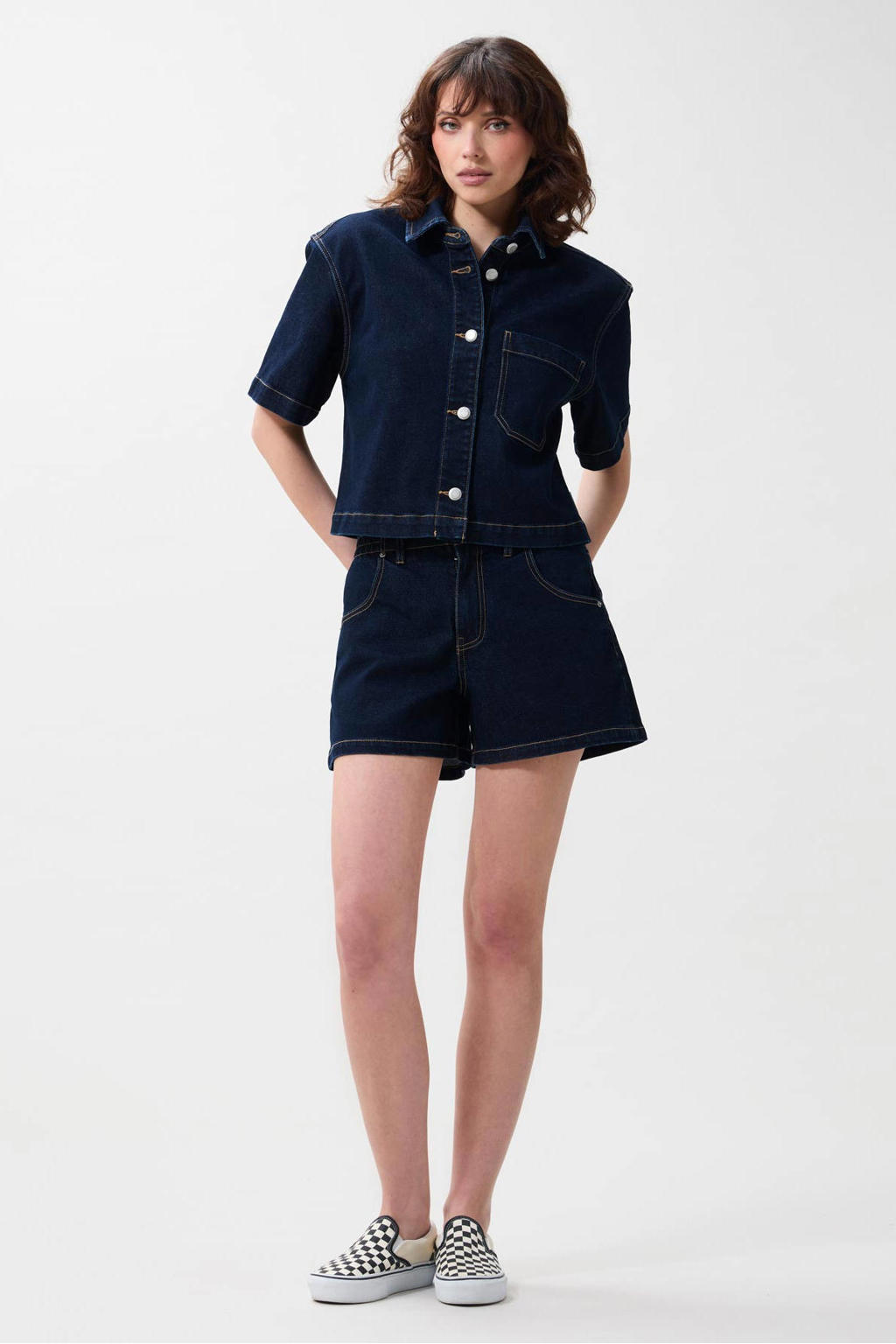 Dark blue denim dames Catwalk Junkie blouse van lyocell met effen, korte mouwen, klassieke kraag en knoopsluiting