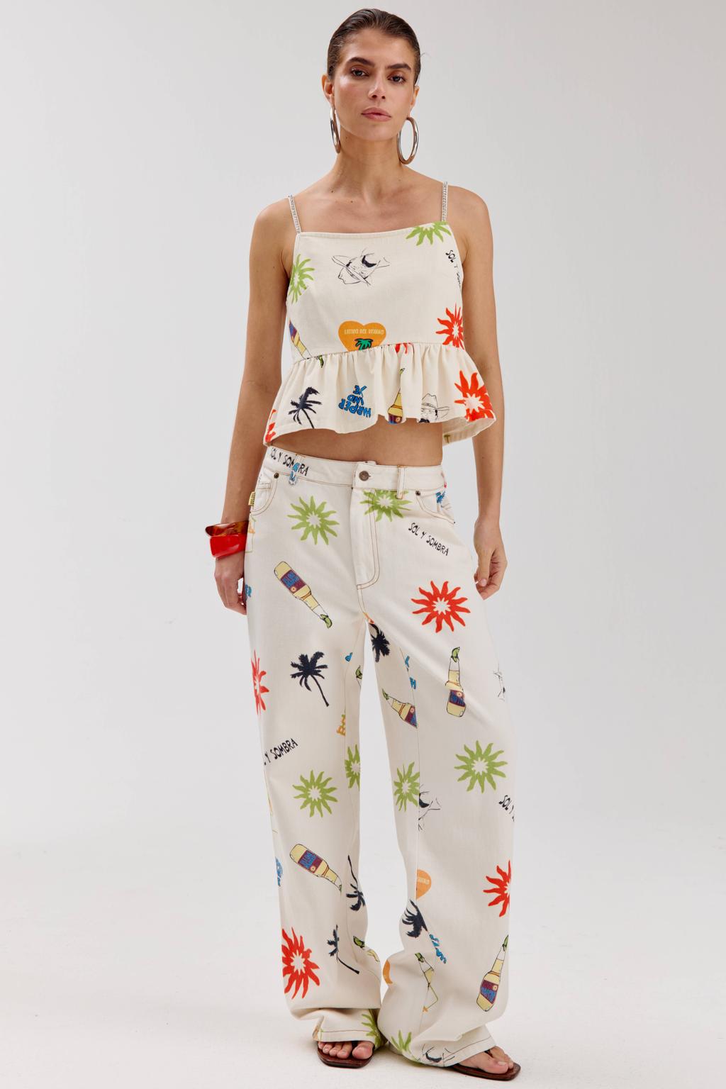 Ecru, oranje en gele dames HARPER & YVE strapless katoenen peplumtop en print met spaghettibandjes en vierkante hals