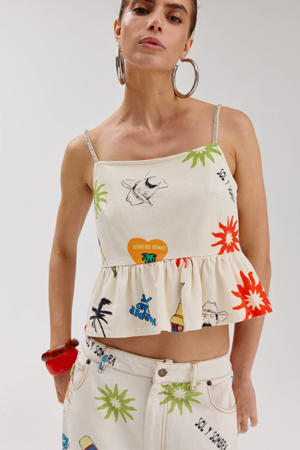 strapless katoenen peplumtop met smockwerk en print - ecru