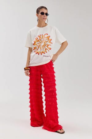 kanten wide leg high waist broek rood