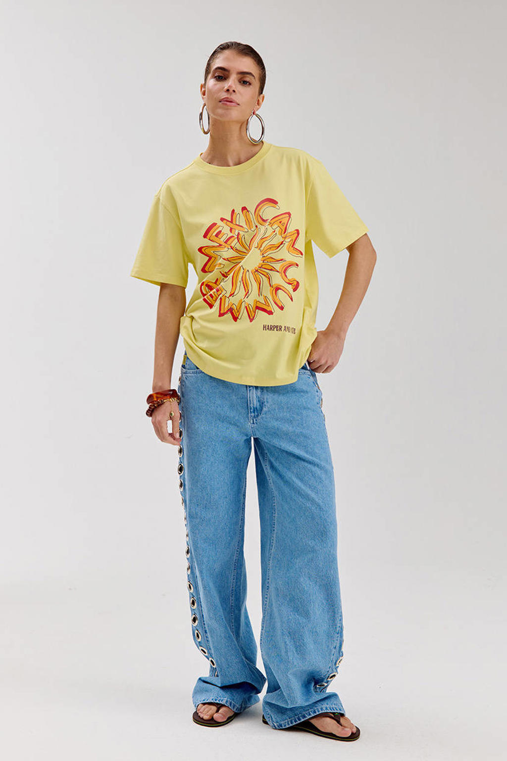 Light blue denim dames HARPER & YVE wide leg jeans van denim met rits- en knoopsluiting en effen