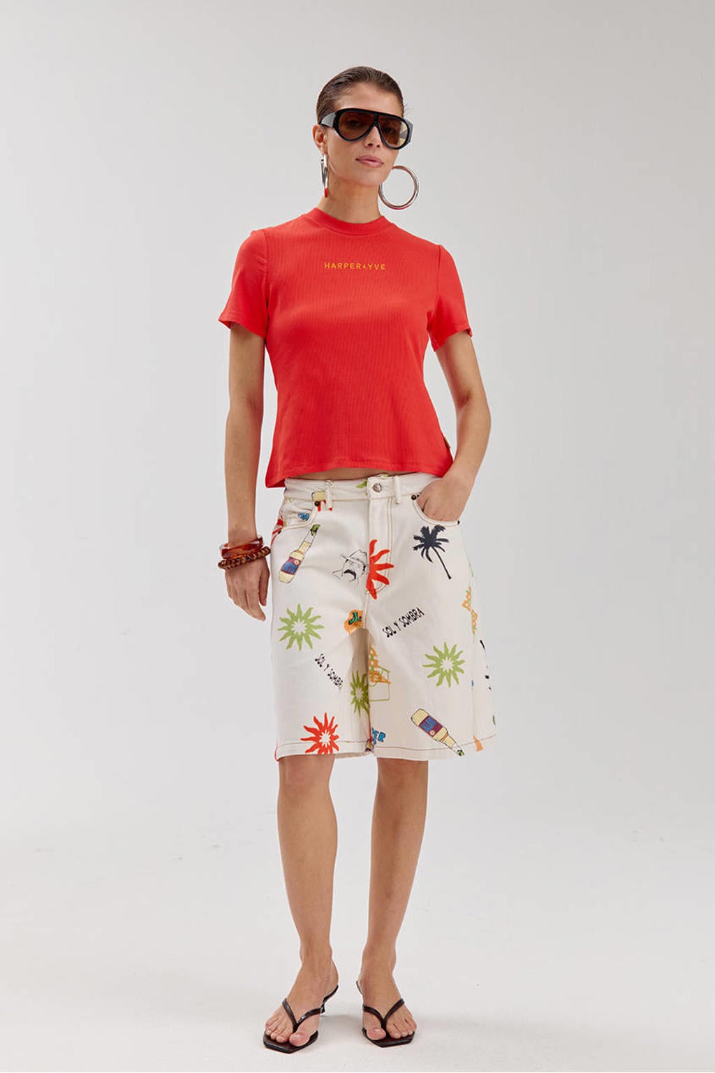Ecru en multikleurige dames HARPER & YVE regular waist bermuda short van denim met loose fit en rits, haak- en knoopsluiting