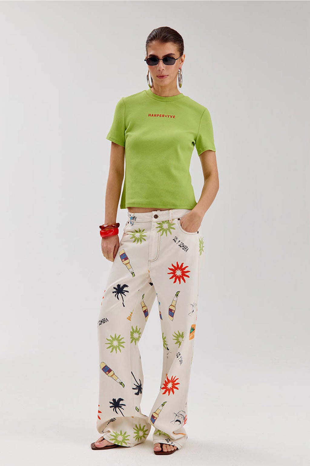 Groene dames HARPER & YVE T-shirt van katoen met logo dessin, korte mouwen en ronde hals