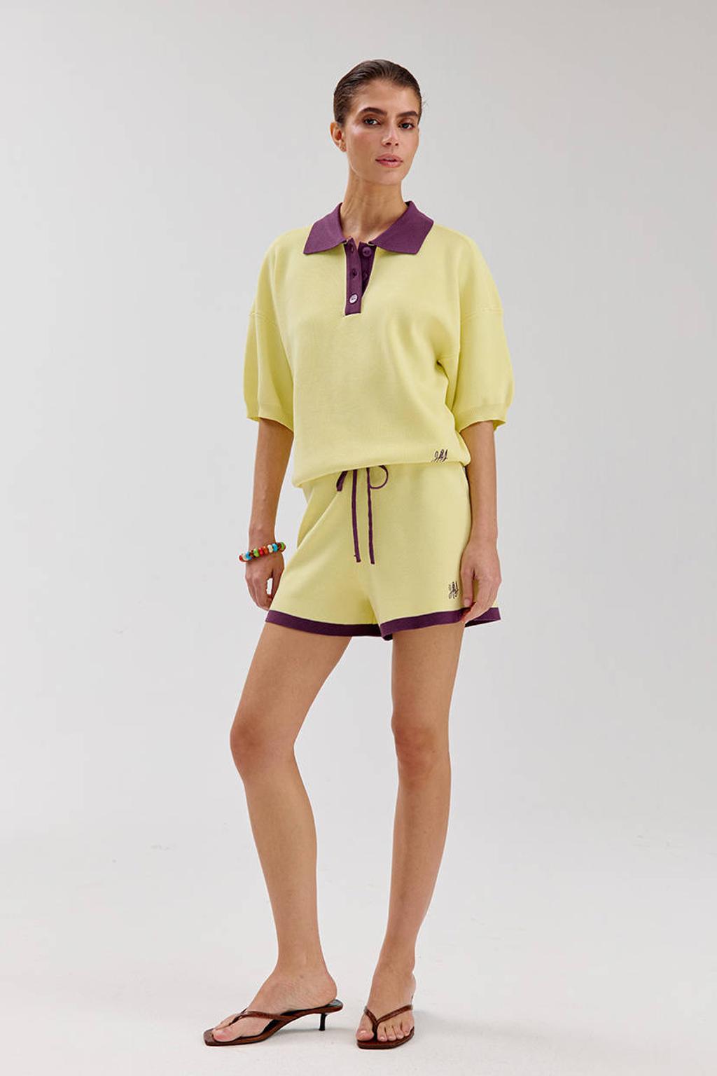 Geel en paarse dames HARPER & YVE top van polyester met effen, driekwart mouwen en polo kraag