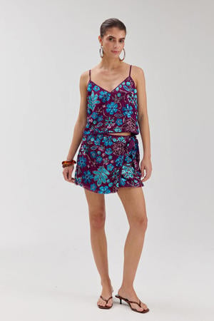 korte gebloemde rok met glitters - donkerpaars