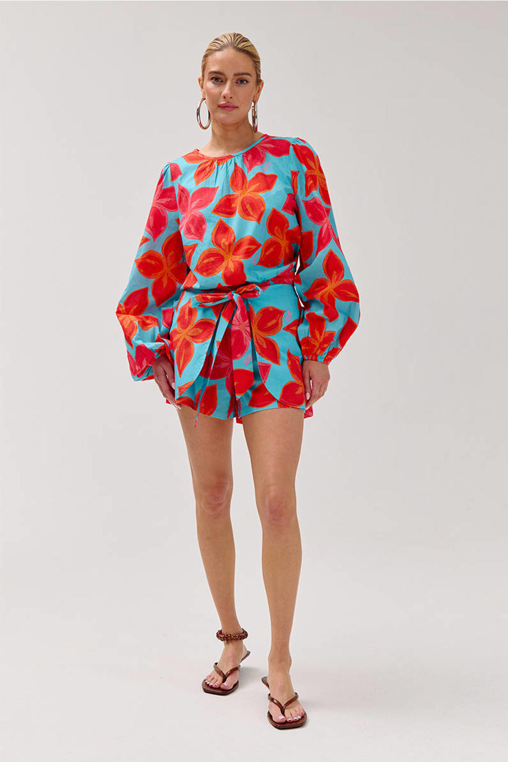 Blauw en rode dames HARPER & YVE straight regular waist gebloemde casual short van katoen met elastische tailleband