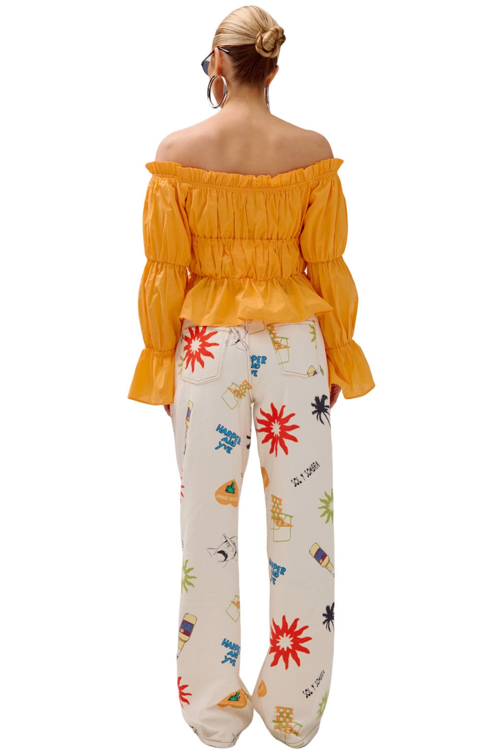 Oranje dames HARPER & YVE top met effen, lange mouwen, off shoulder hals en plooien
