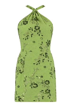 gebloemde cocktailjurk met pailletten groen