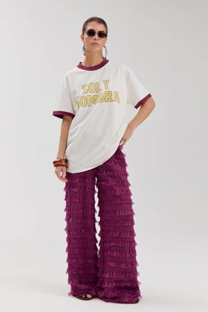 kanten wide leg high waist broek donkerpaars