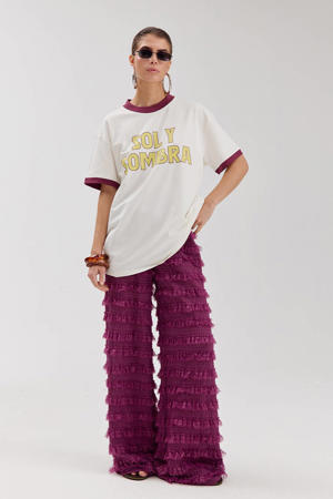 kanten wide leg high waist broek donkerpaars