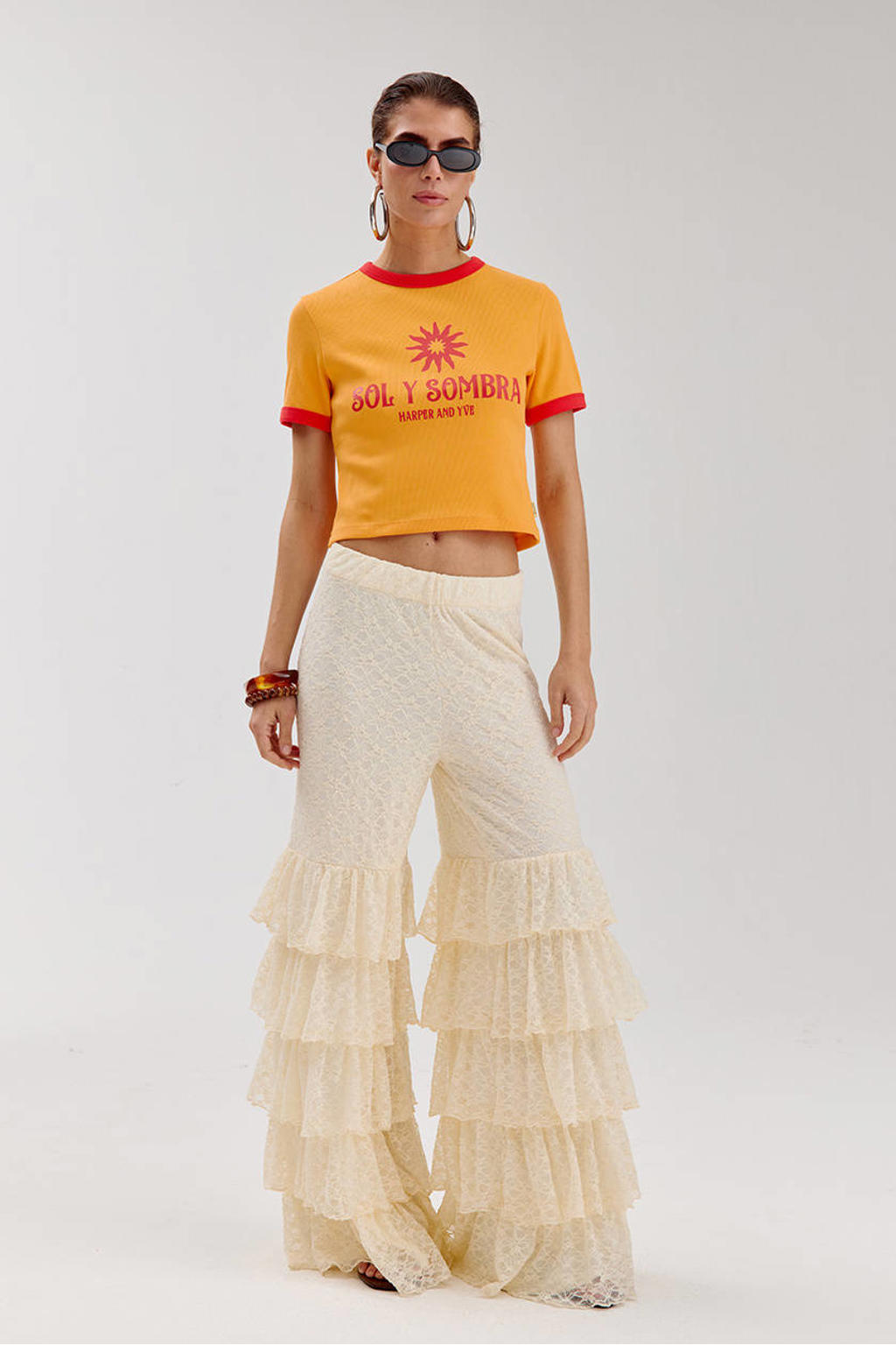 Oranje en rode dames HARPER & YVE T-shirt van katoen met tekst print, korte mouwen, ronde hals en contrast bies