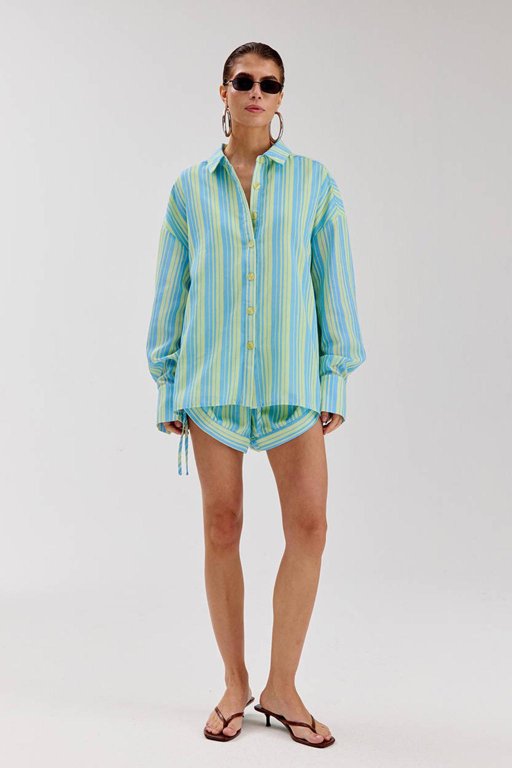 Groen en blauwe dames HARPER & YVE gestreepte blouse van polyester met lange mouwen, klassieke kraag en knoopsluiting