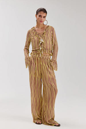 wide leg high waist gestreepte broek geel