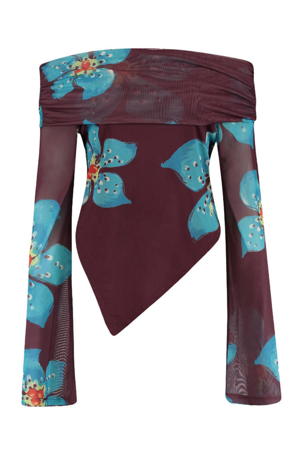 Donkerpaars, paars en blauwe dames HARPER & YVE gebloemde one shoulder top van polyester met lange mouwen