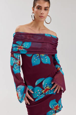 gebloemde one shoulder top donkerpaars