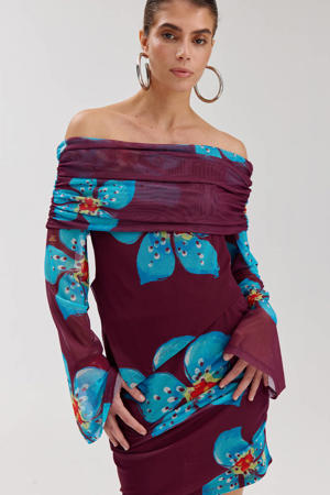 gebloemde one shoulder top donkerpaars