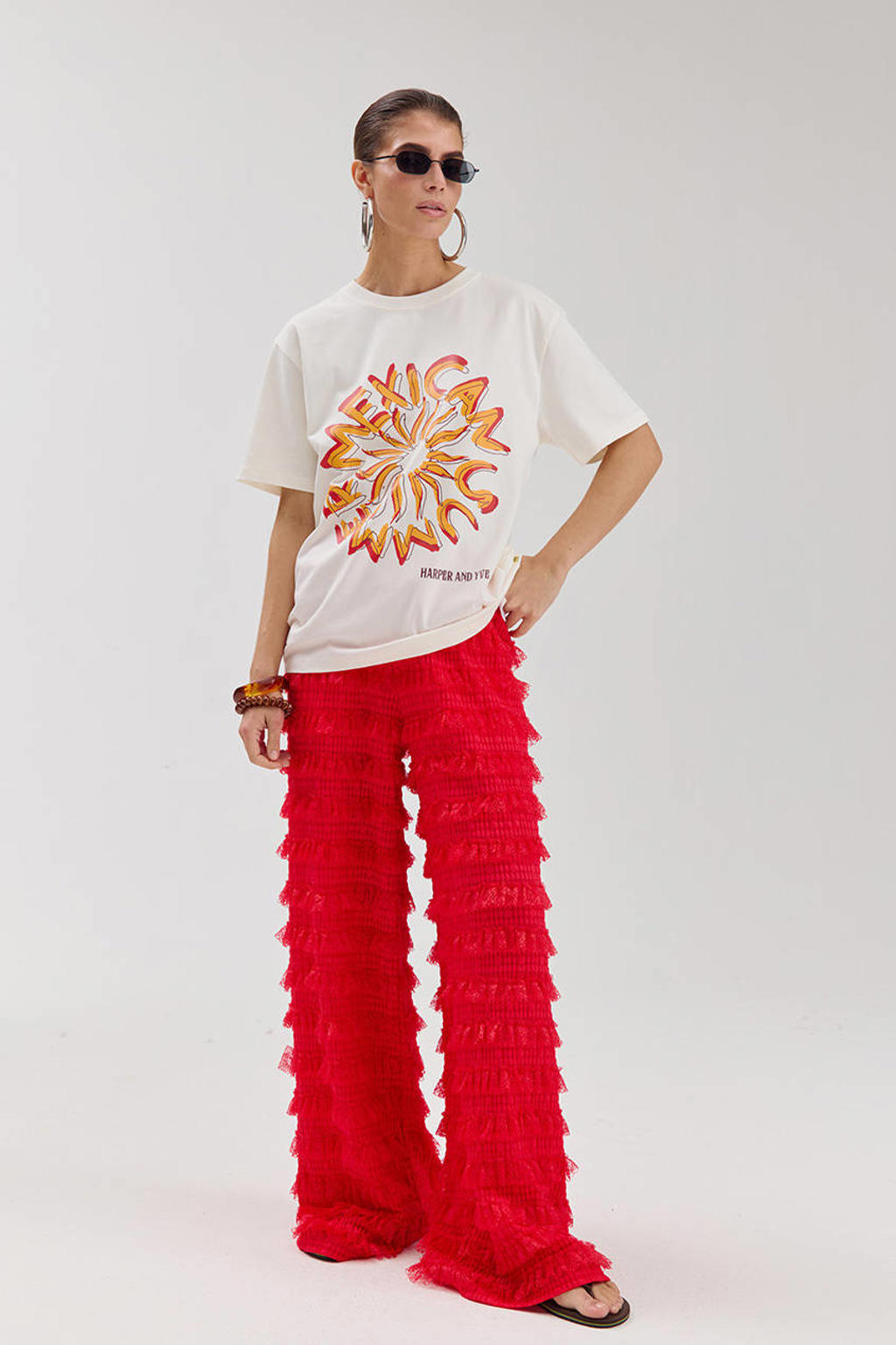 Wit en oranje dames HARPER & YVE T-shirt van katoen met printopdruk, korte mouwen en ronde hals