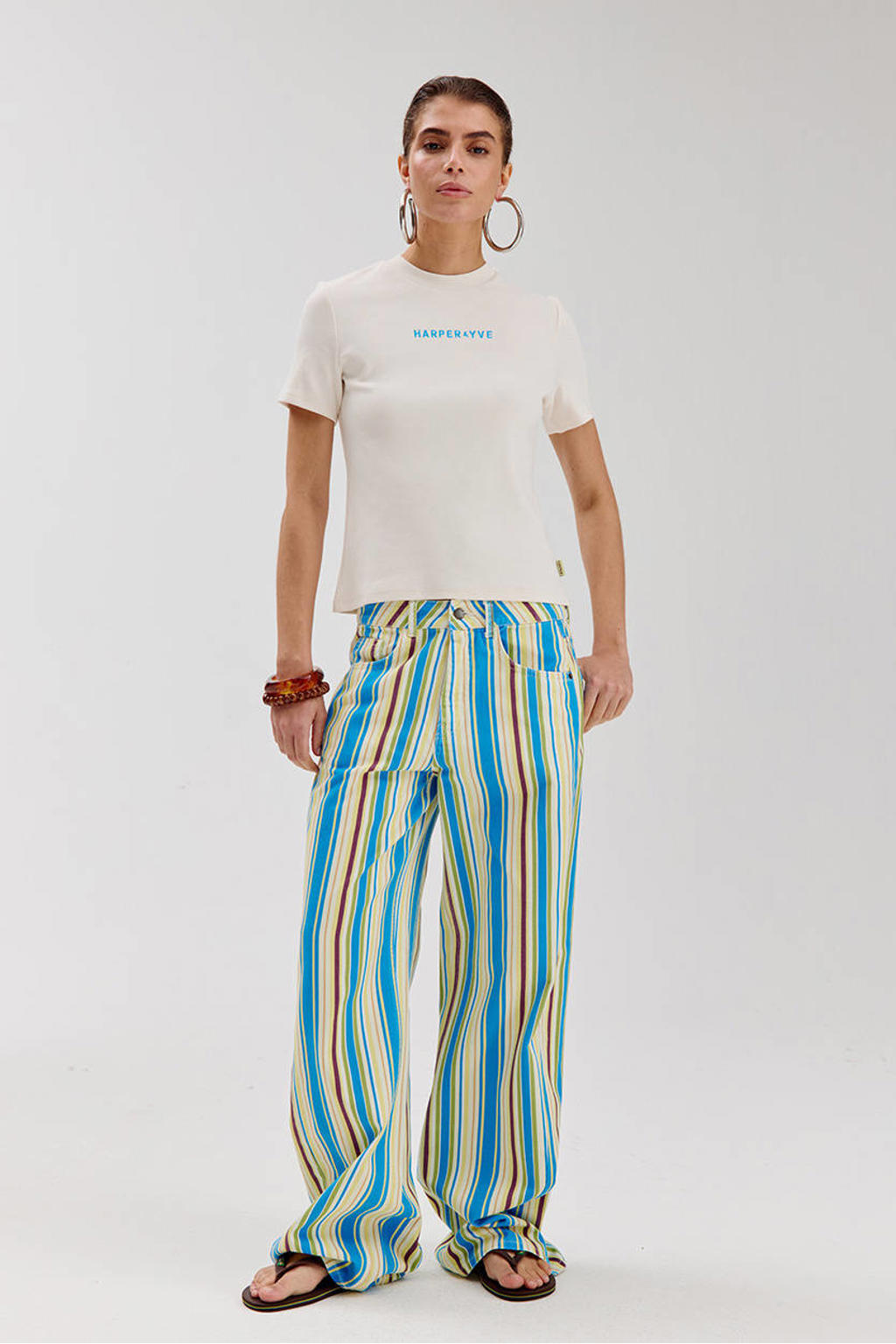 Blauw en gele dames HARPER & YVE low waist gestreepte wide leg jeans van denim met rits- en knoopsluiting