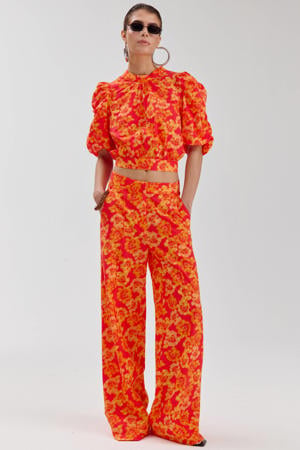 high straight gebloemde broek met plooien - oranje