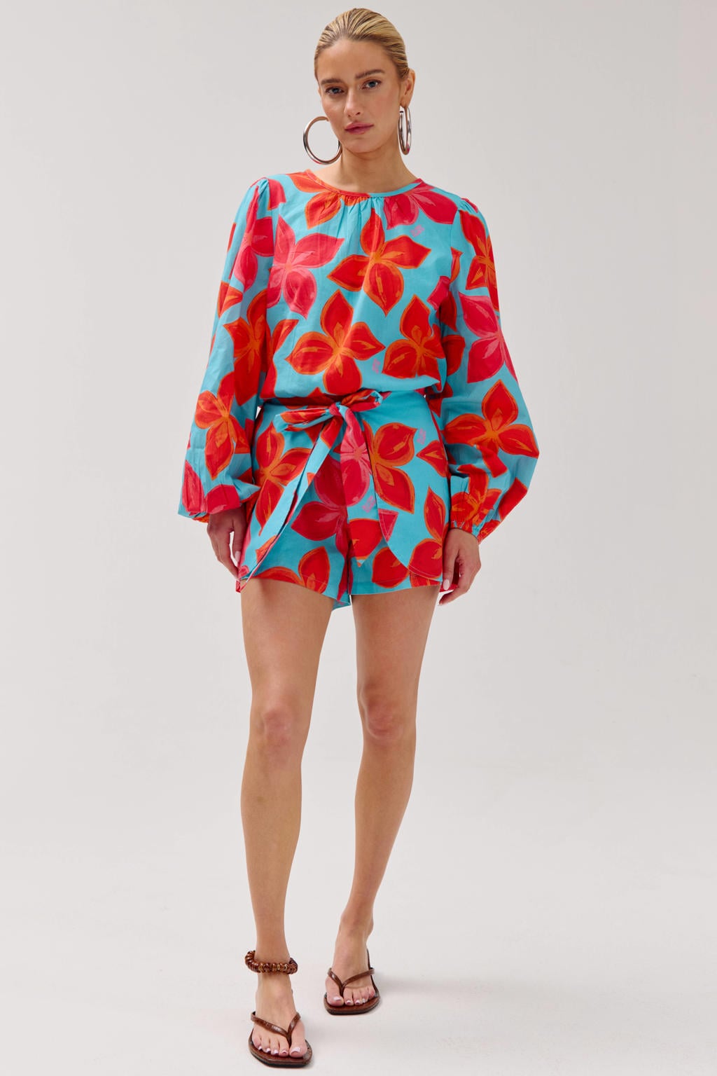 Blauw en rode dames HARPER & YVE gebloemde top met lange mouwen en ronde hals
