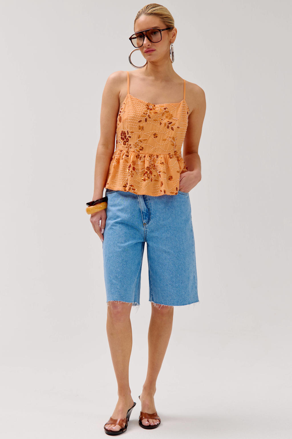 Oranje dames HARPER & YVE peplum top van polyester met spaghettibandjes, vierkante hals en kraaltjes